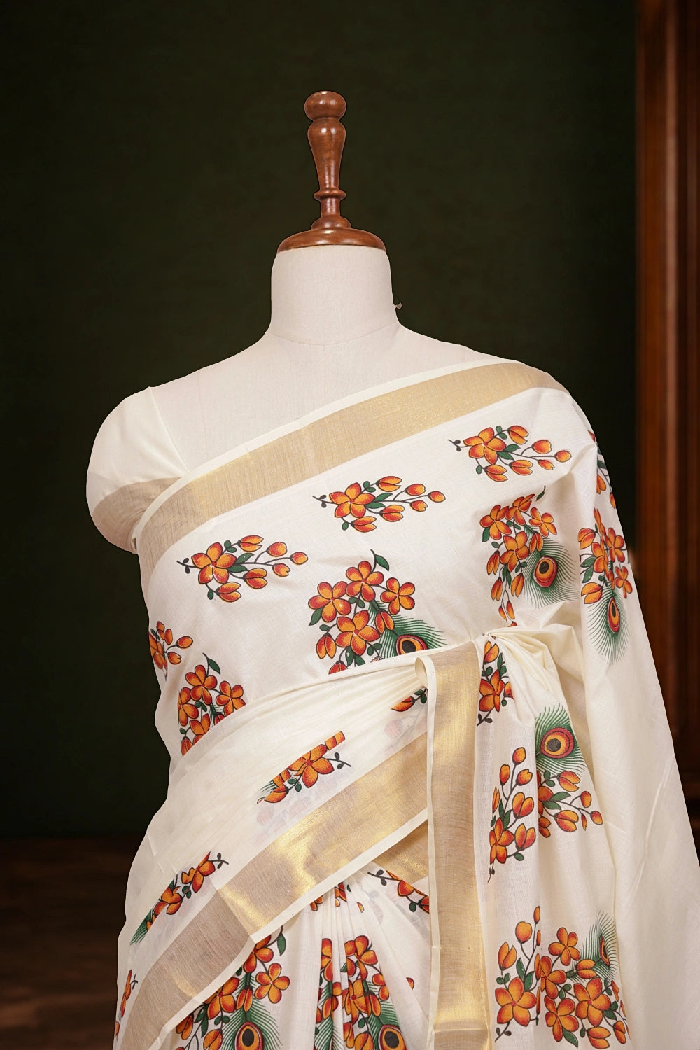 Off White Cotton Kerala Saree - Seematti