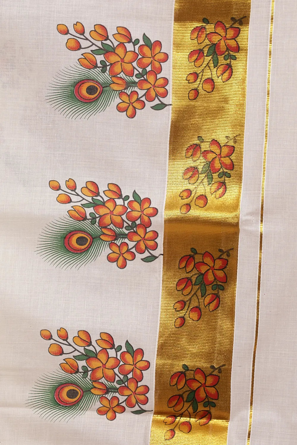 Off White Cotton Kerala Saree - Seematti