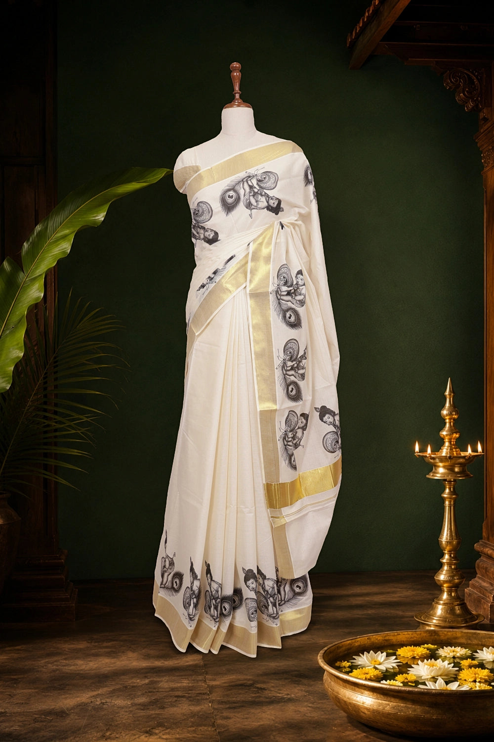 Off White Cotton Kerala Saree - Seematti