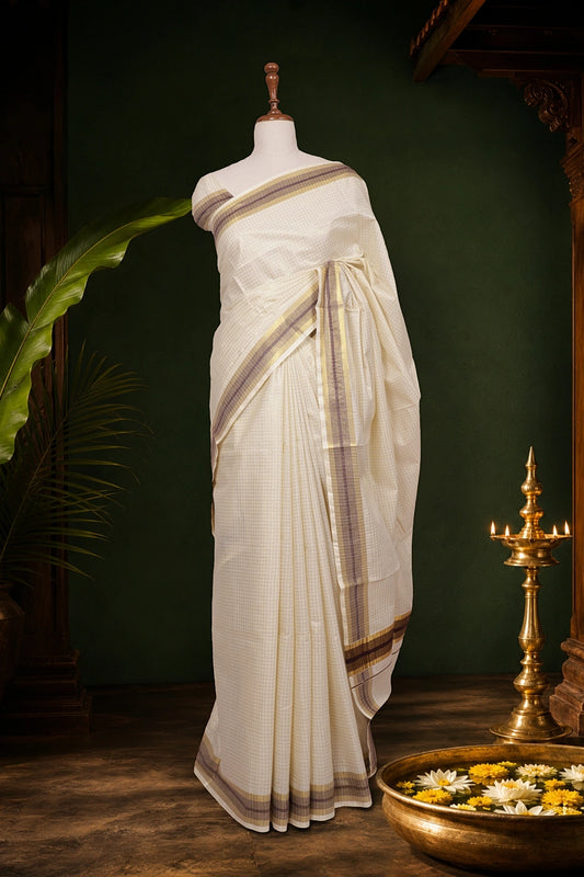 Off White Cotton Kerala Saree - Seematti