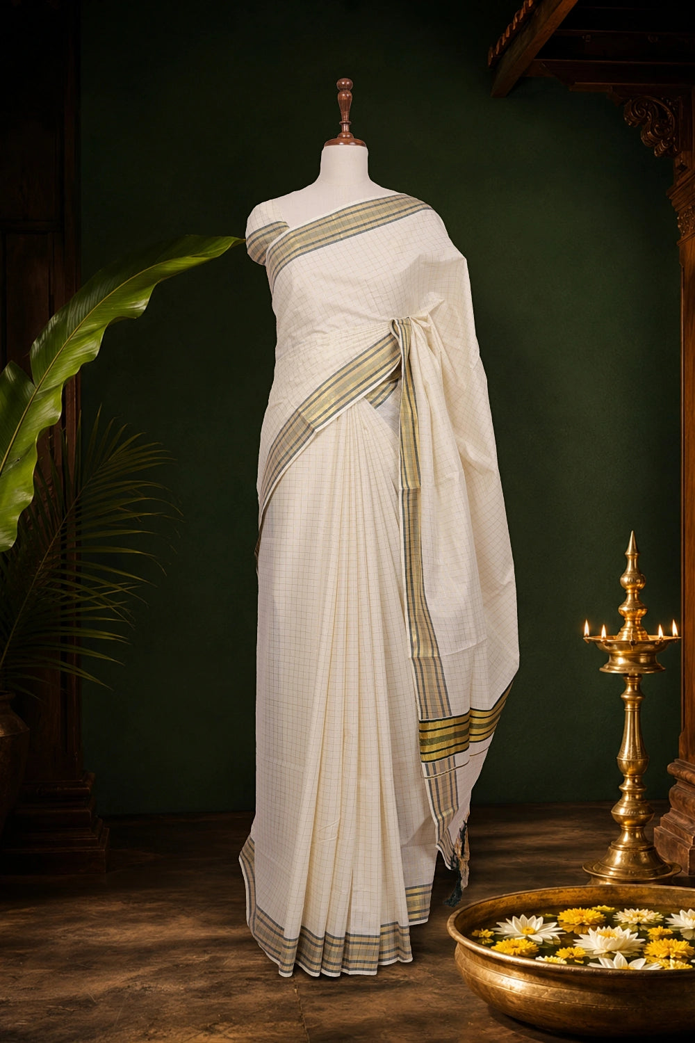 Off White Cotton Kerala Saree - Seematti