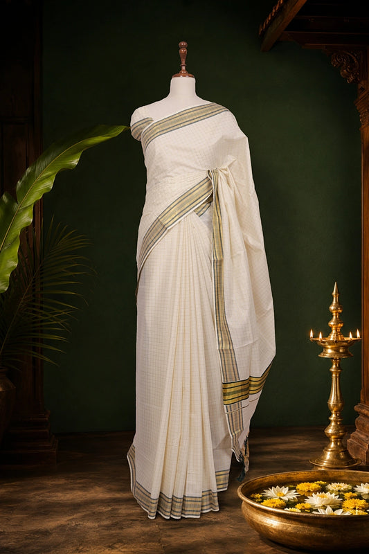 Off White Cotton Kerala Saree - Seematti