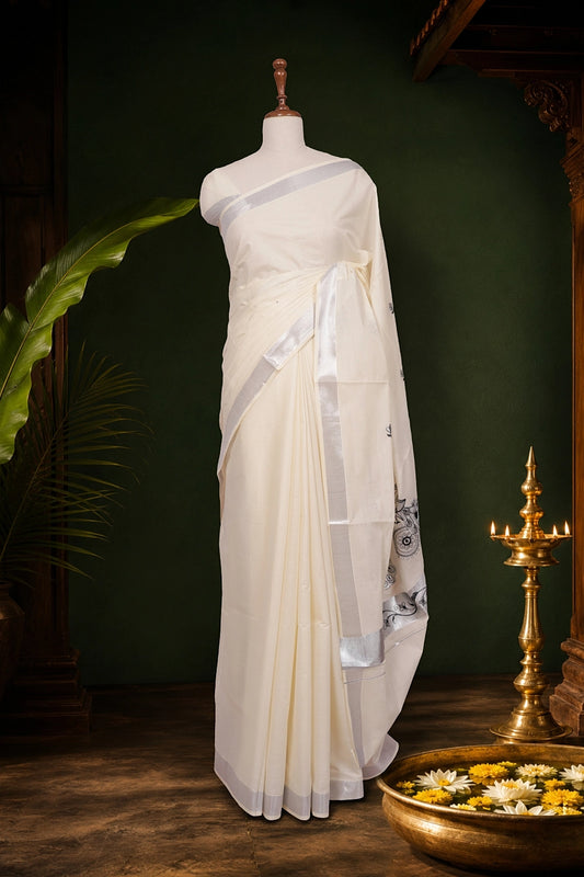 Off White Cotton Kerala Saree - Seematti