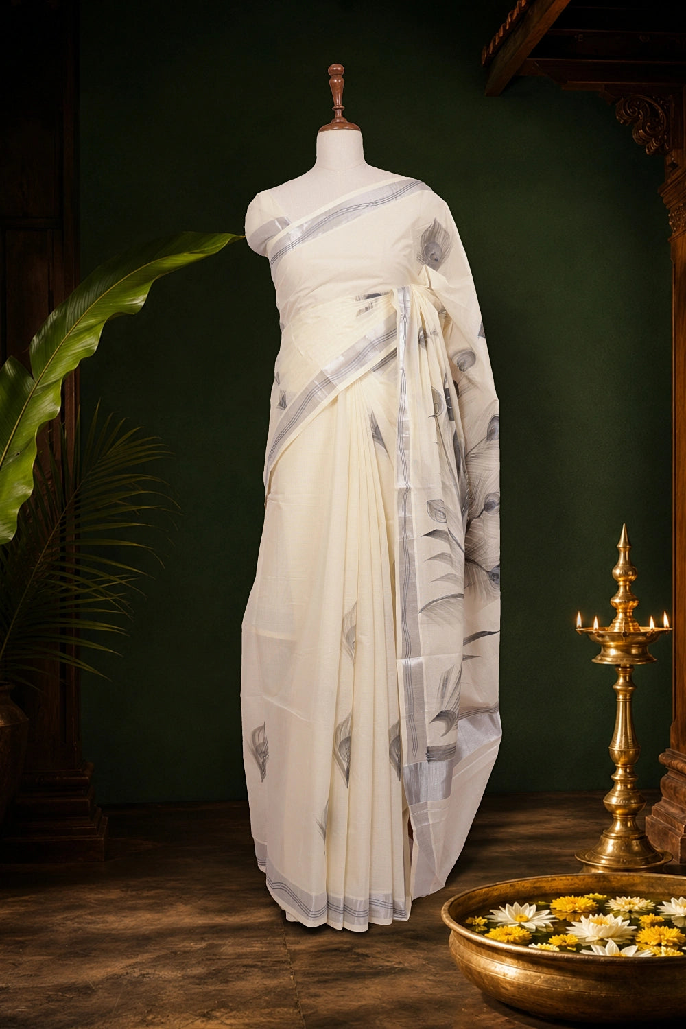 Off White Cotton Kerala Saree - Seematti