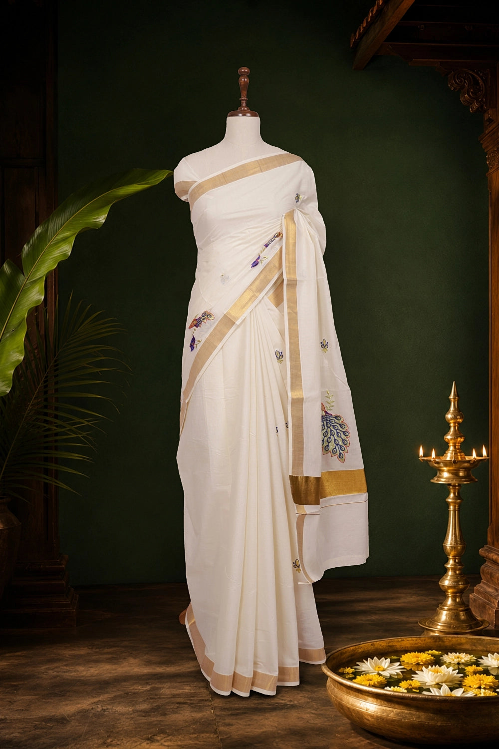 Off White Cotton Kerala Saree - Seematti