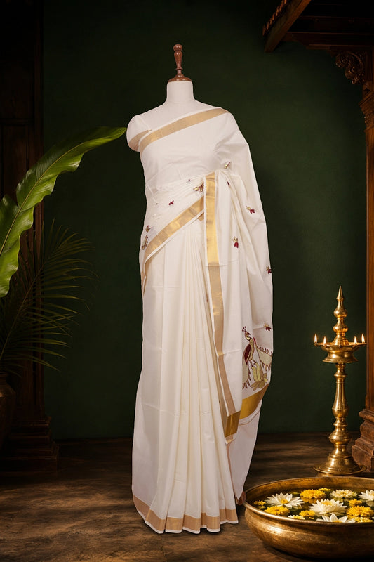 Off White Cotton Kerala Saree - Seematti