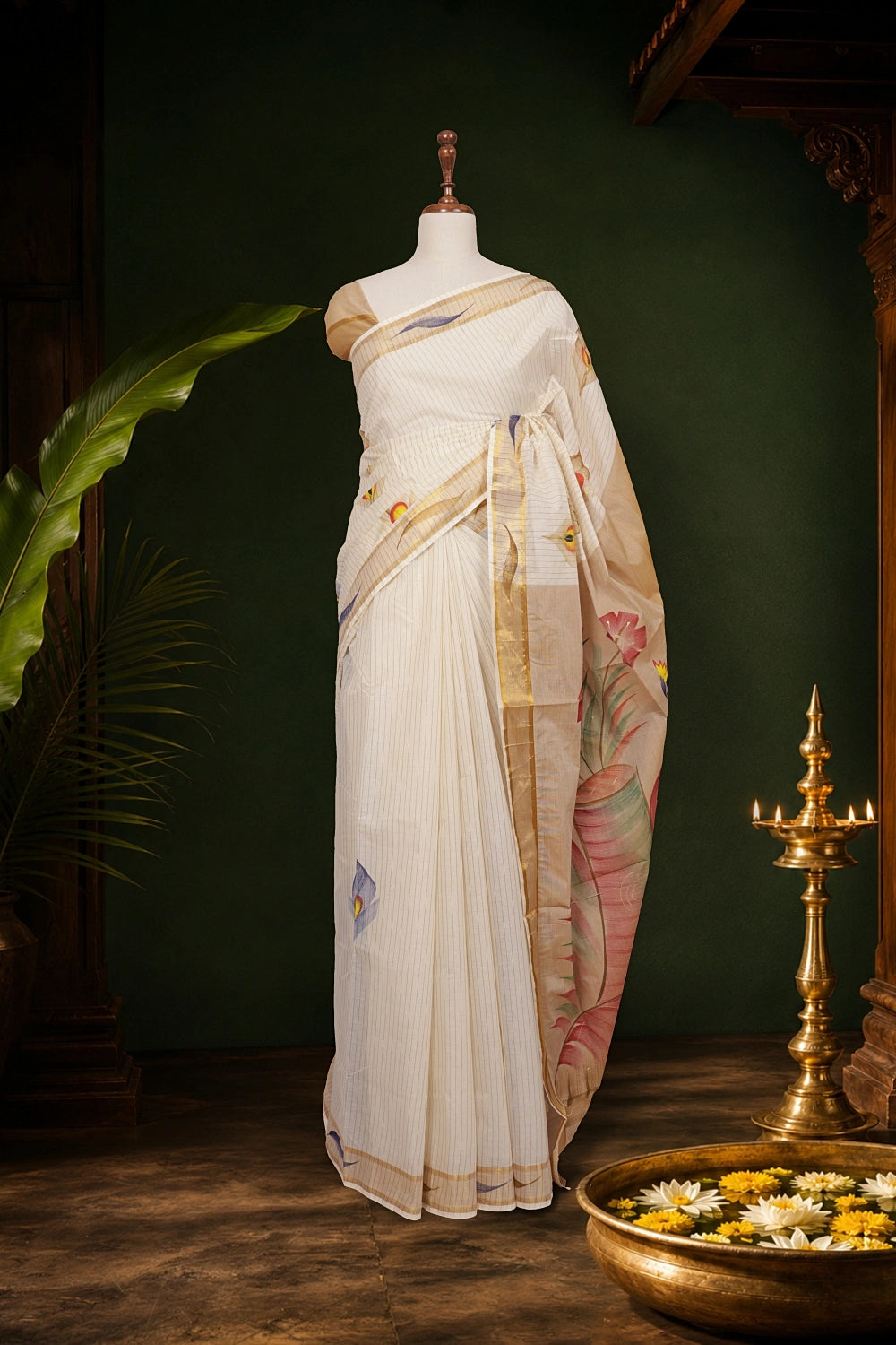 Off White Cotton Kerala Saree - Seematti