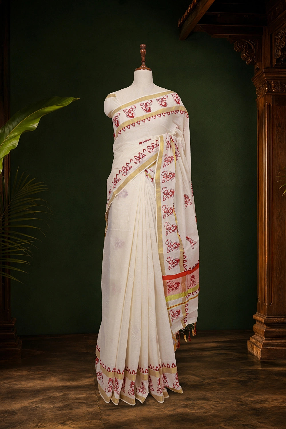Off White Cotton Kerala Saree - Seematti
