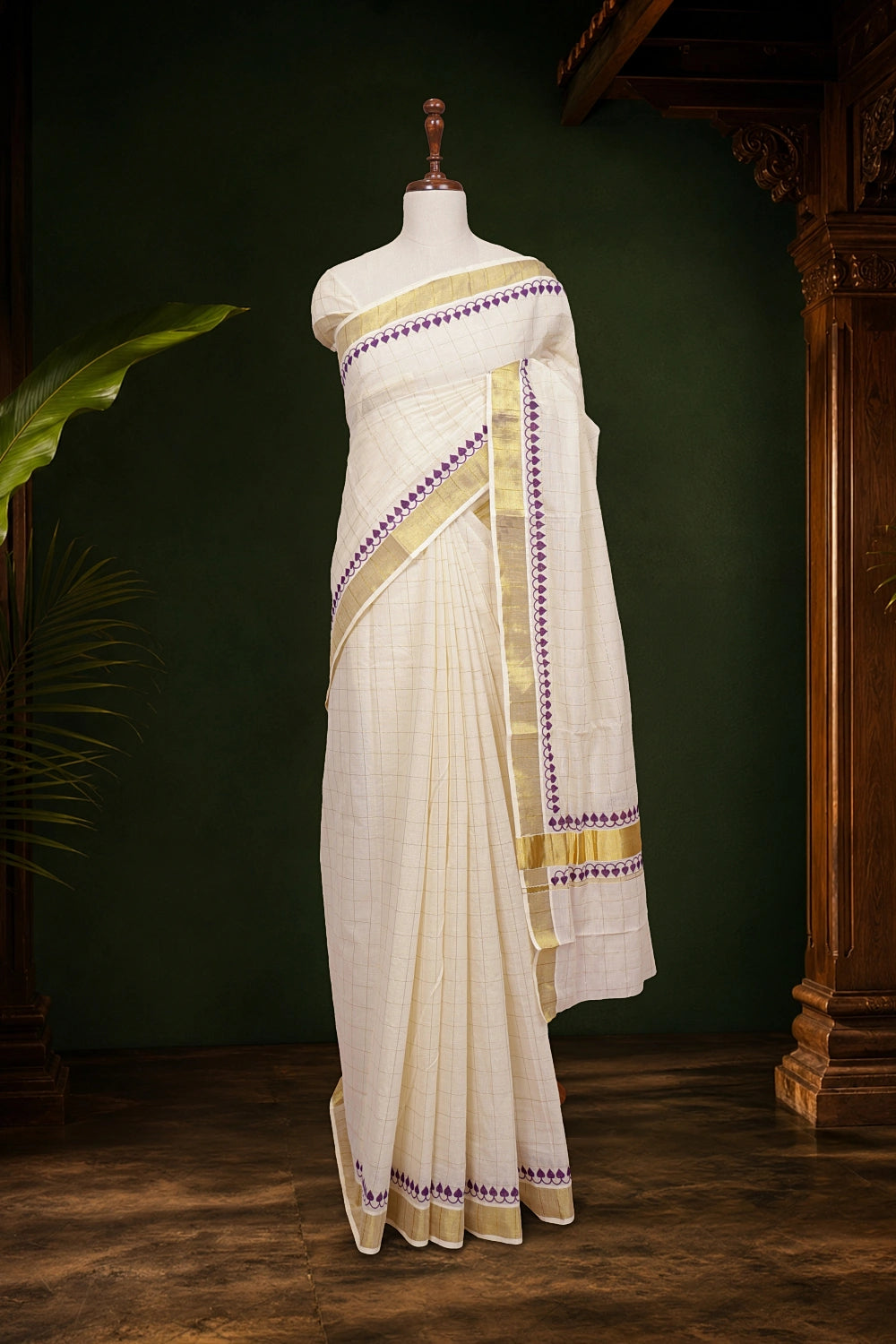 Off White Cotton Kerala Saree - Seematti