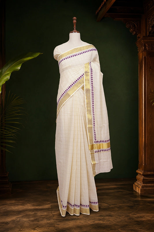 Off White Cotton Kerala Saree - Seematti