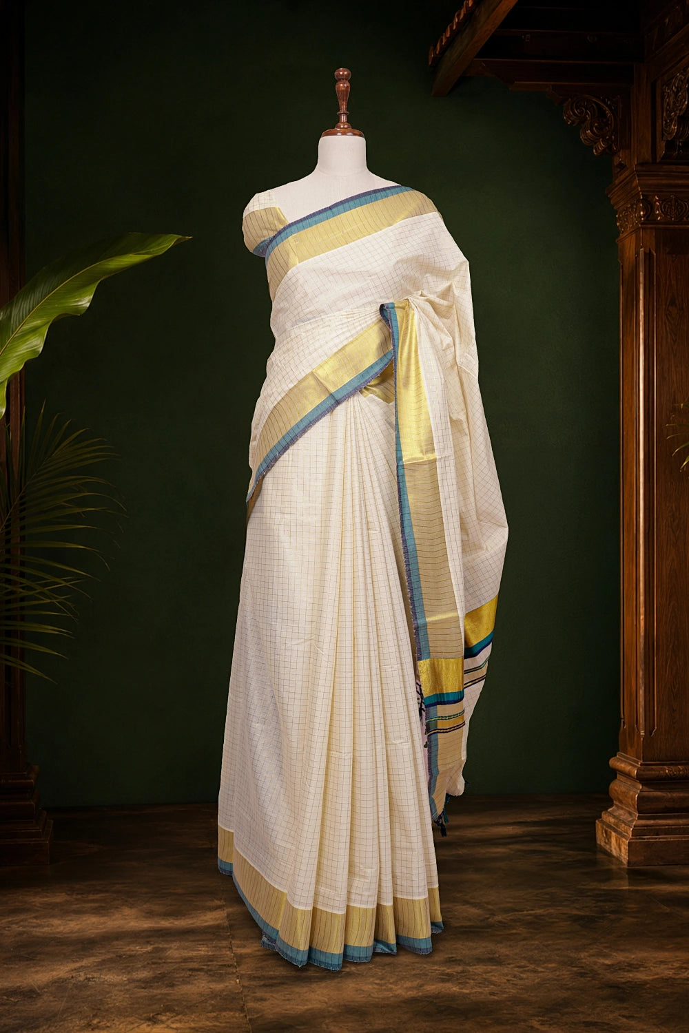 Off White Cotton Kerala Saree - Seematti