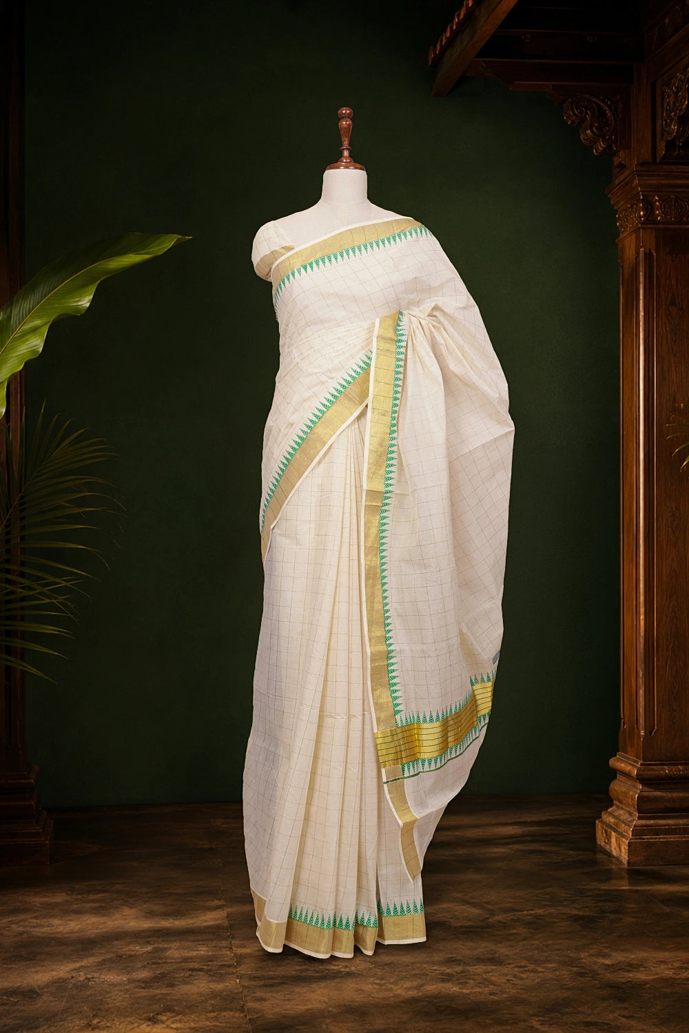 Off White Cotton Kerala Saree - Seematti