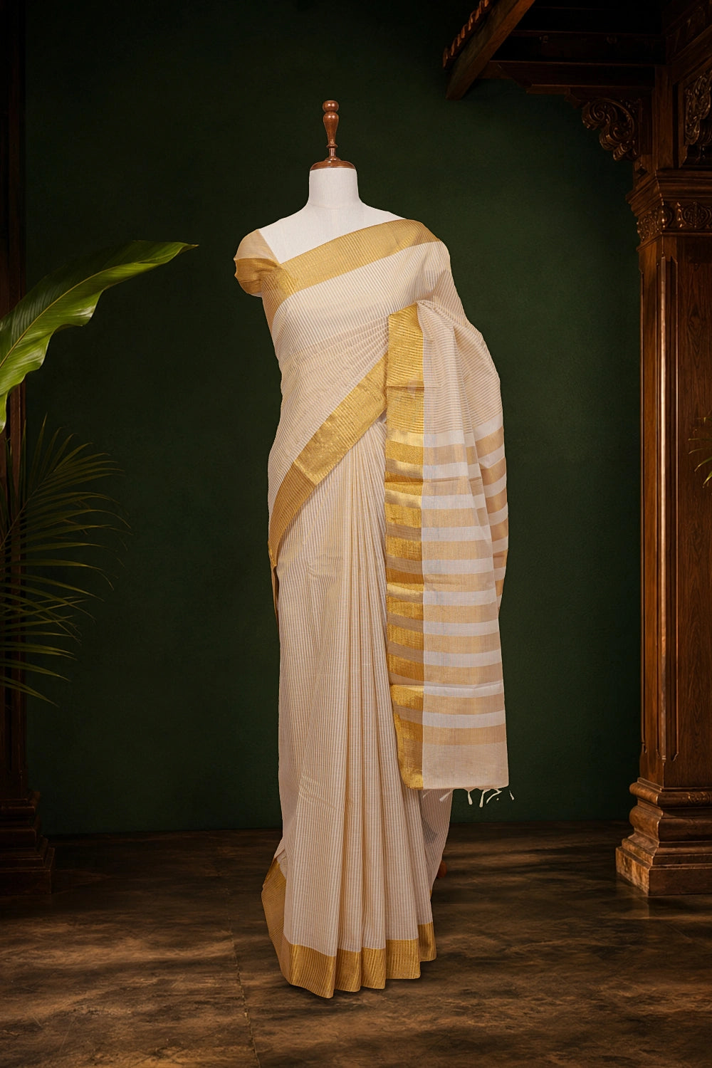 Off White Cotton Kerala Saree - Seematti