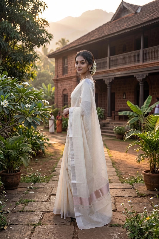 Off White Cotton Kerala Saree - Seematti