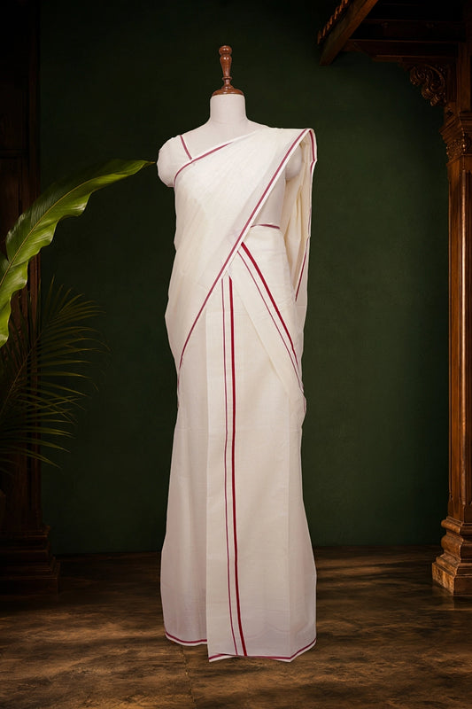 Off White Cotton Kerala Set Mundu With Puliyilakkara Border - Seematti