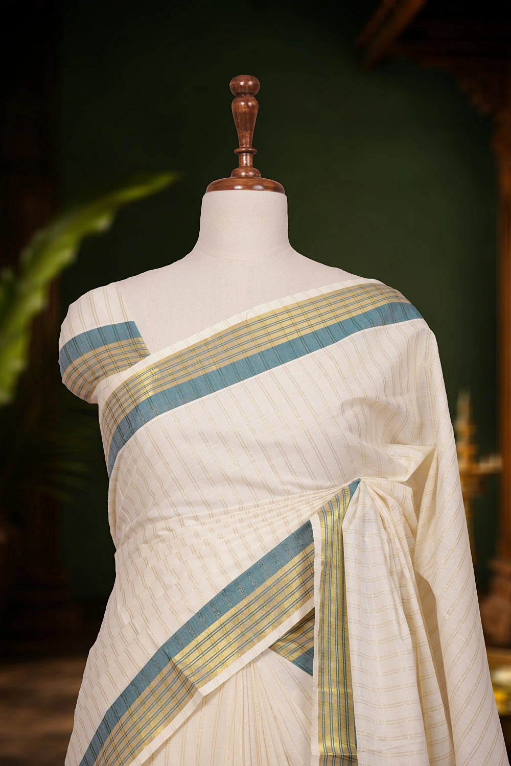 Off White Cotton Lines Kerala Saree with Line Border - Seematti