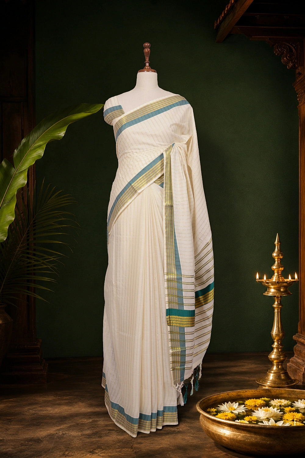 Off White Cotton Lines Kerala Saree with Line Border - Seematti