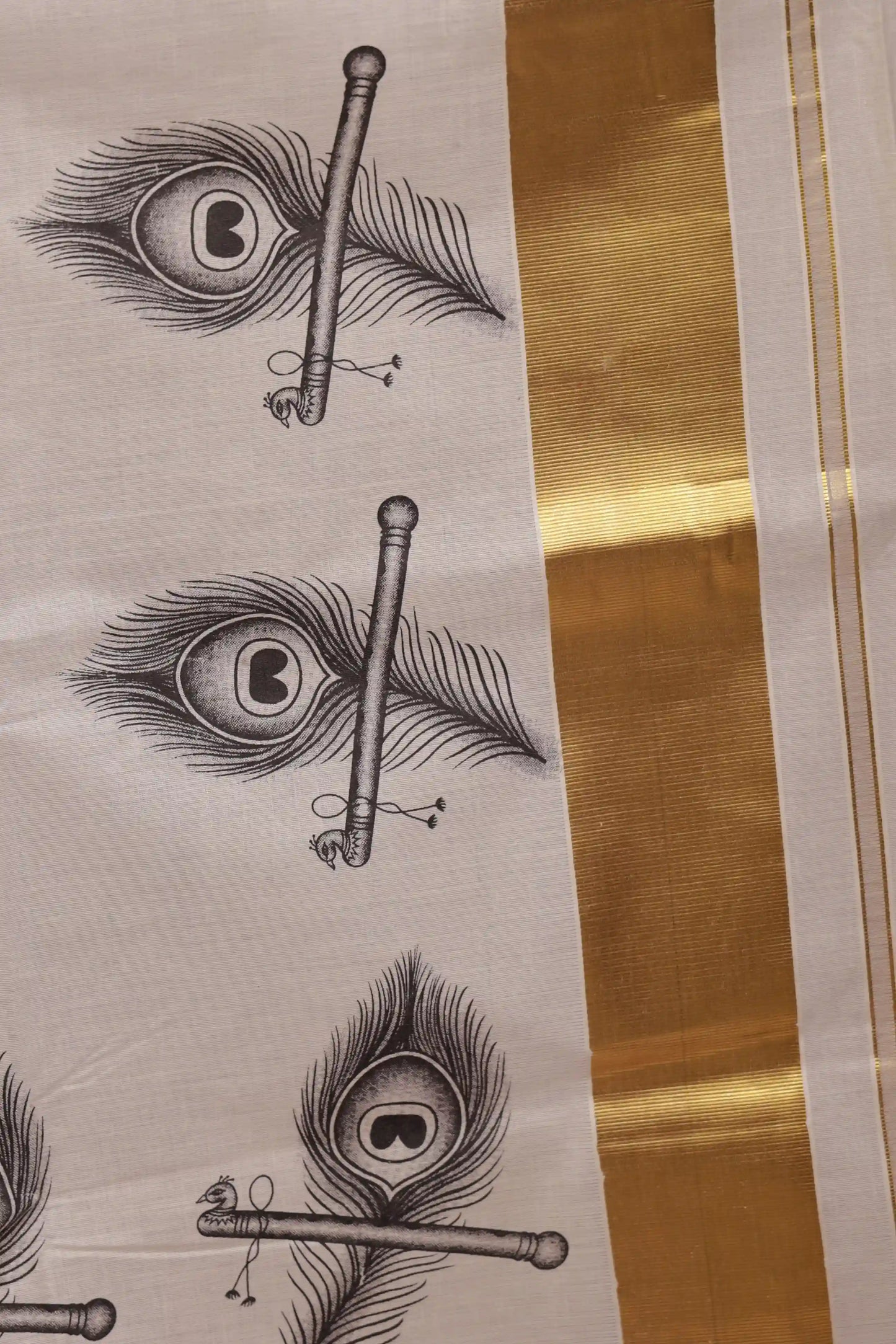 Off White Cotton Plain Kerala Saree With Golden Border - Seematti