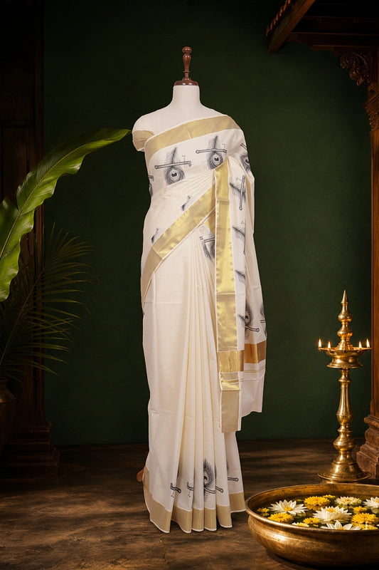 Off White Cotton Plain Kerala Saree With Golden Border - Seematti