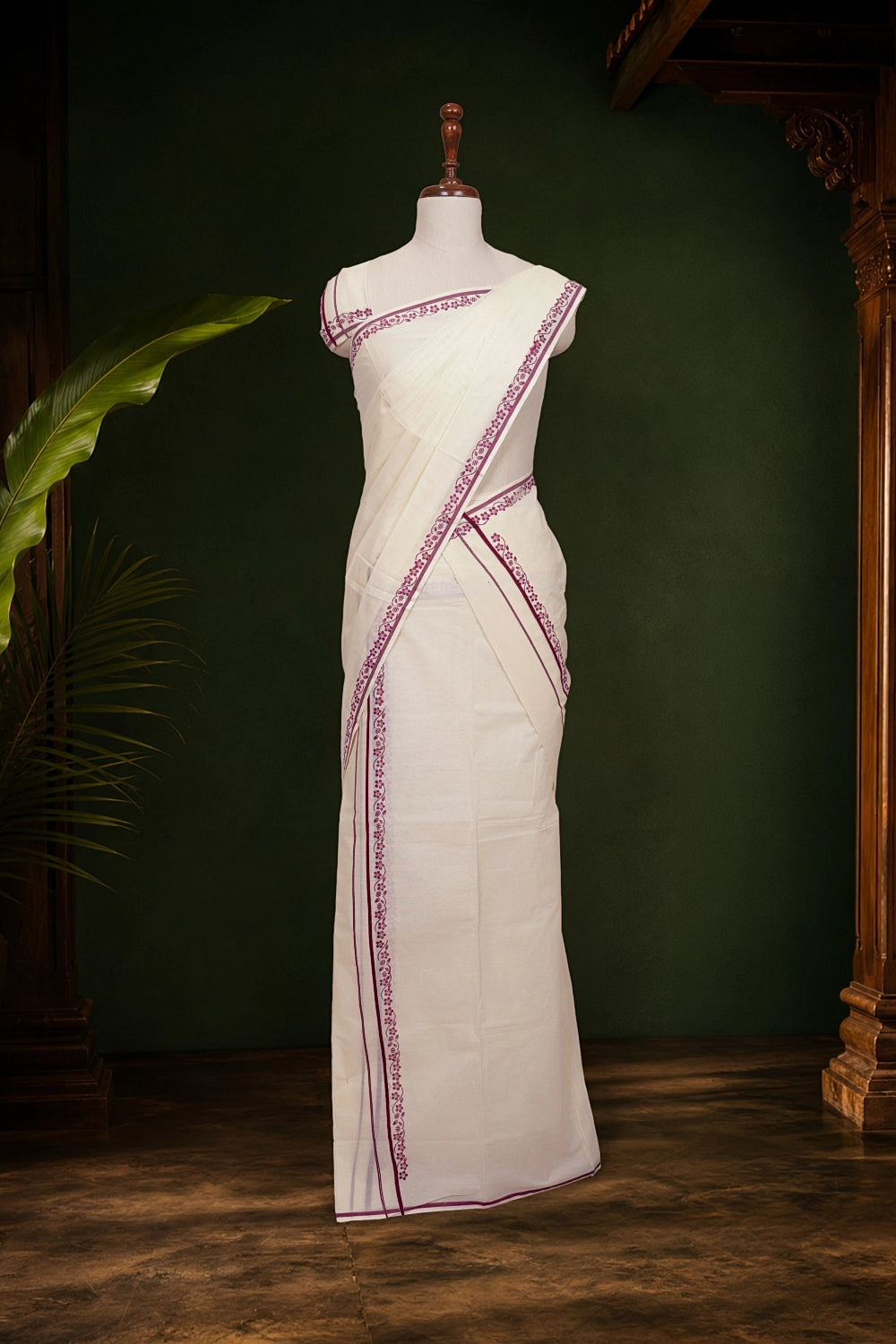 Off White Cotton Plain Kerala Set Mundu With Printed Border - Seematti