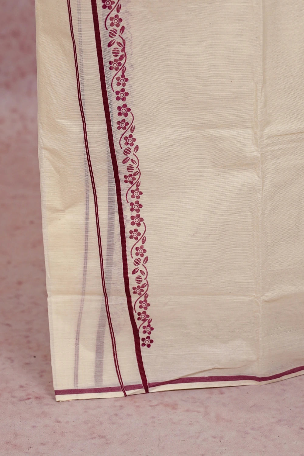 Off White Cotton Plain Kerala Set Mundu With Printed Border - Seematti