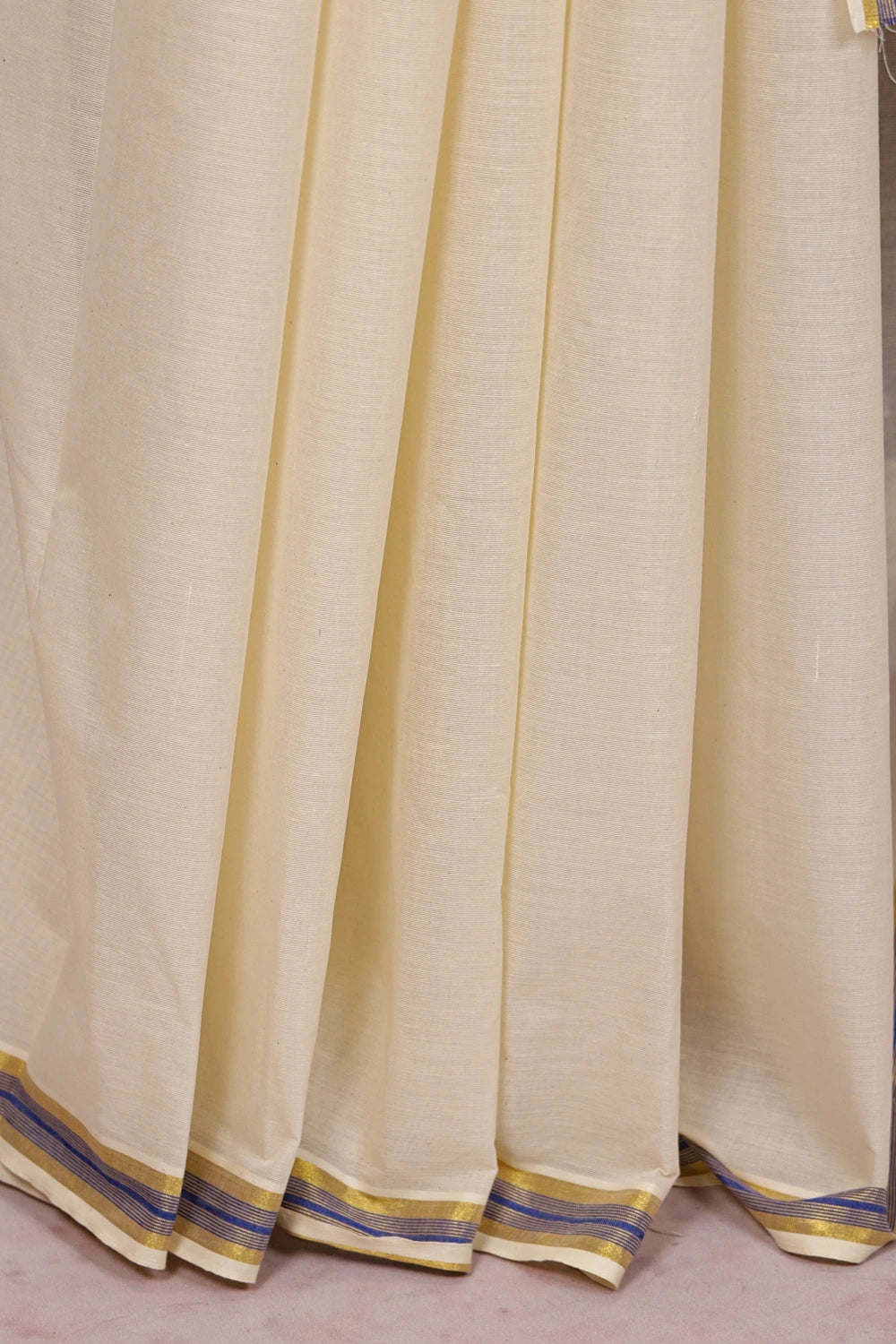 Off White Cotton Plain Saree With Small Border - Seematti