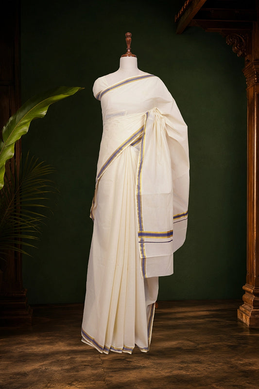 Off White Cotton Plain Saree With Small Border - Seematti
