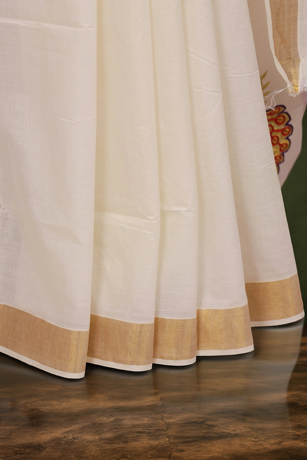 Off White Cotton Zari And Thread Work Kerala Saree With Golden Border - Seematti