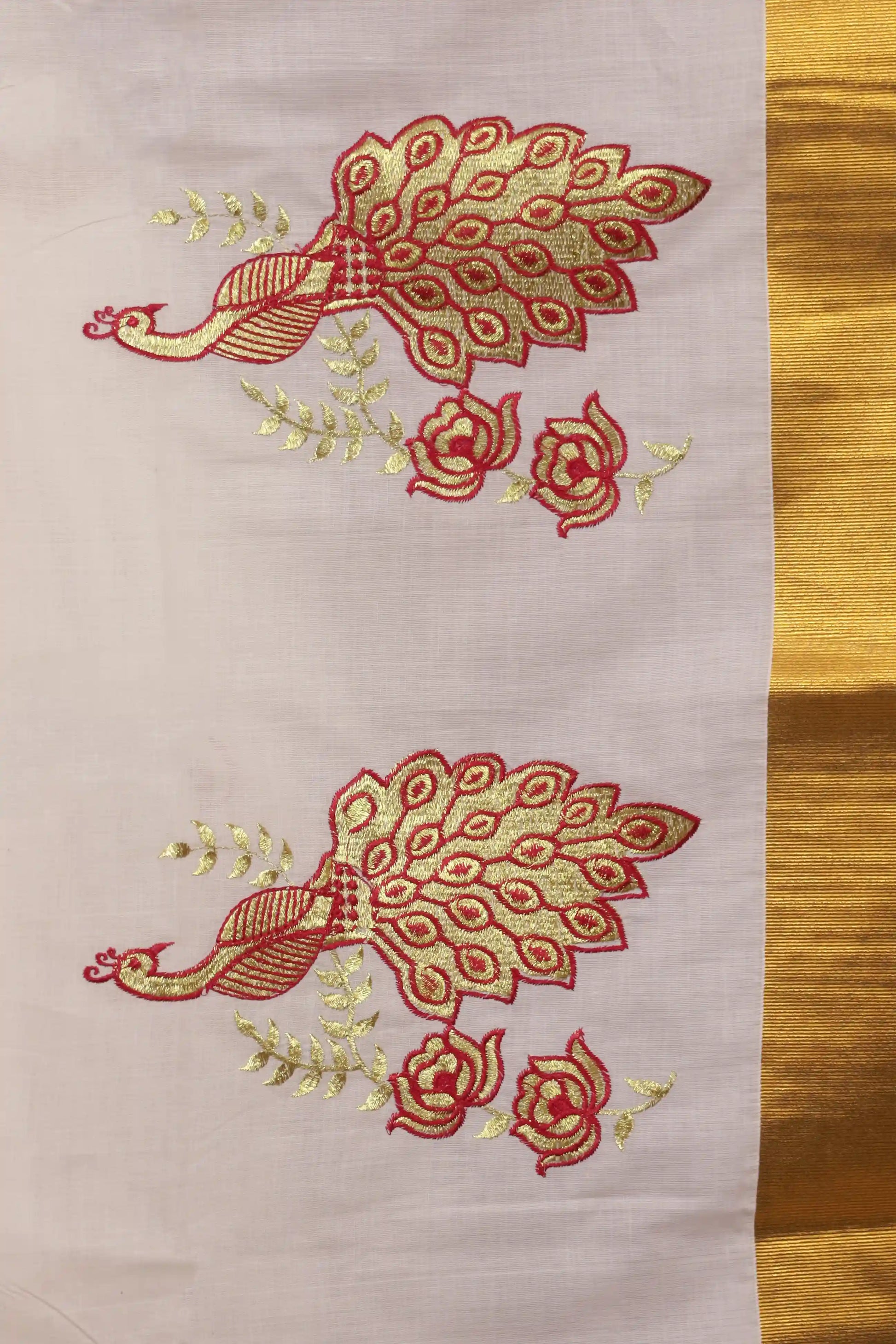 Off White Cotton Zari And Thread Work Kerala Saree With Golden Border - Seematti