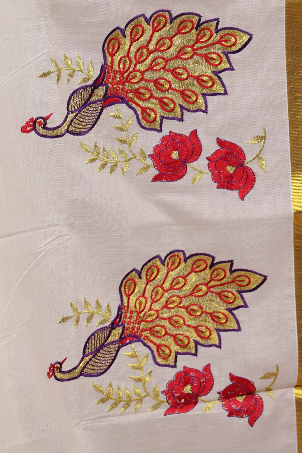 Off White Cotton Zari And Thread Work Kerala Saree With Golden Border - Seematti