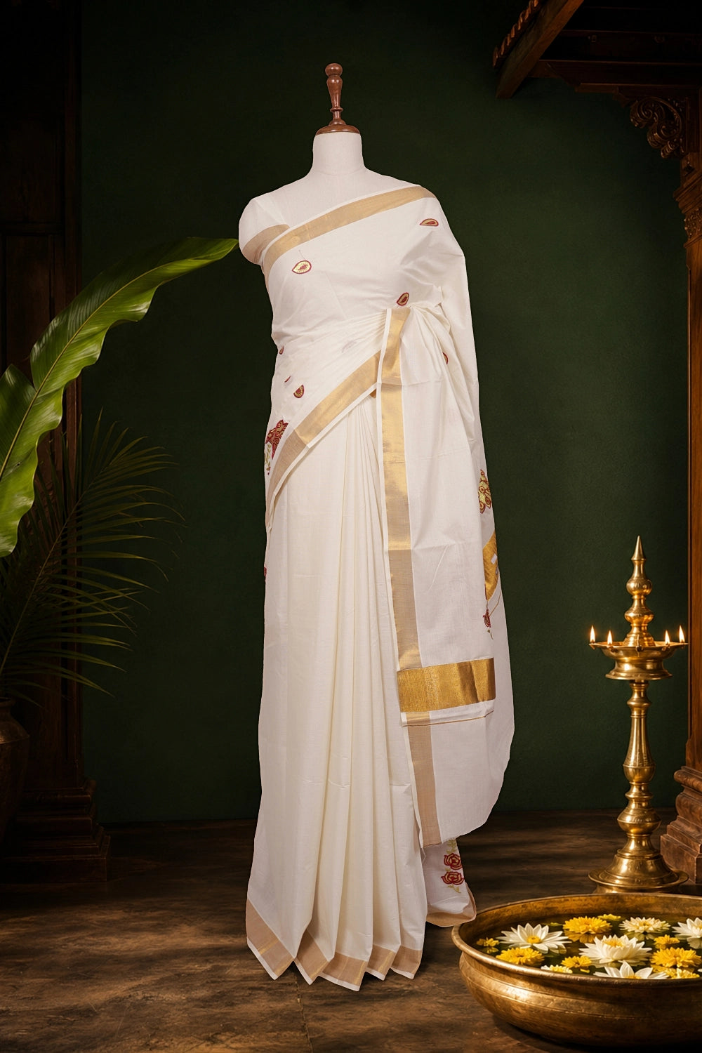 Off White Cotton Zari And Thread Work Kerala Saree With Golden Border - Seematti
