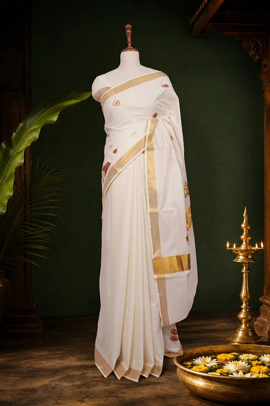 Off White Cotton Zari And Thread Work Kerala Saree With Golden Border - Seematti