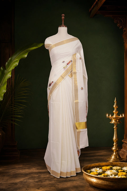 Off White Cotton Zari And Thread Work Kerala Saree With Golden Border - Seematti