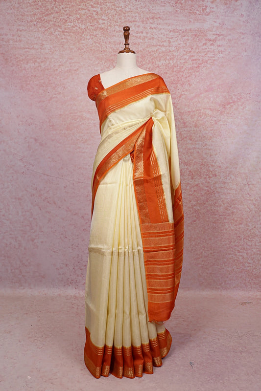 Off White Semi Banarasi Saree - Seematti