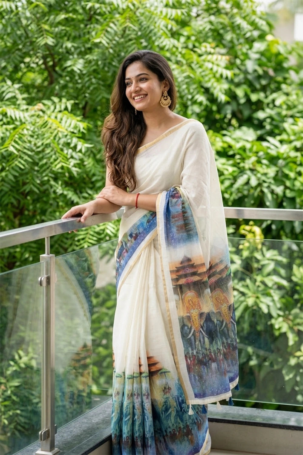 Off White Semi LInen Kerala Saree - Seematti