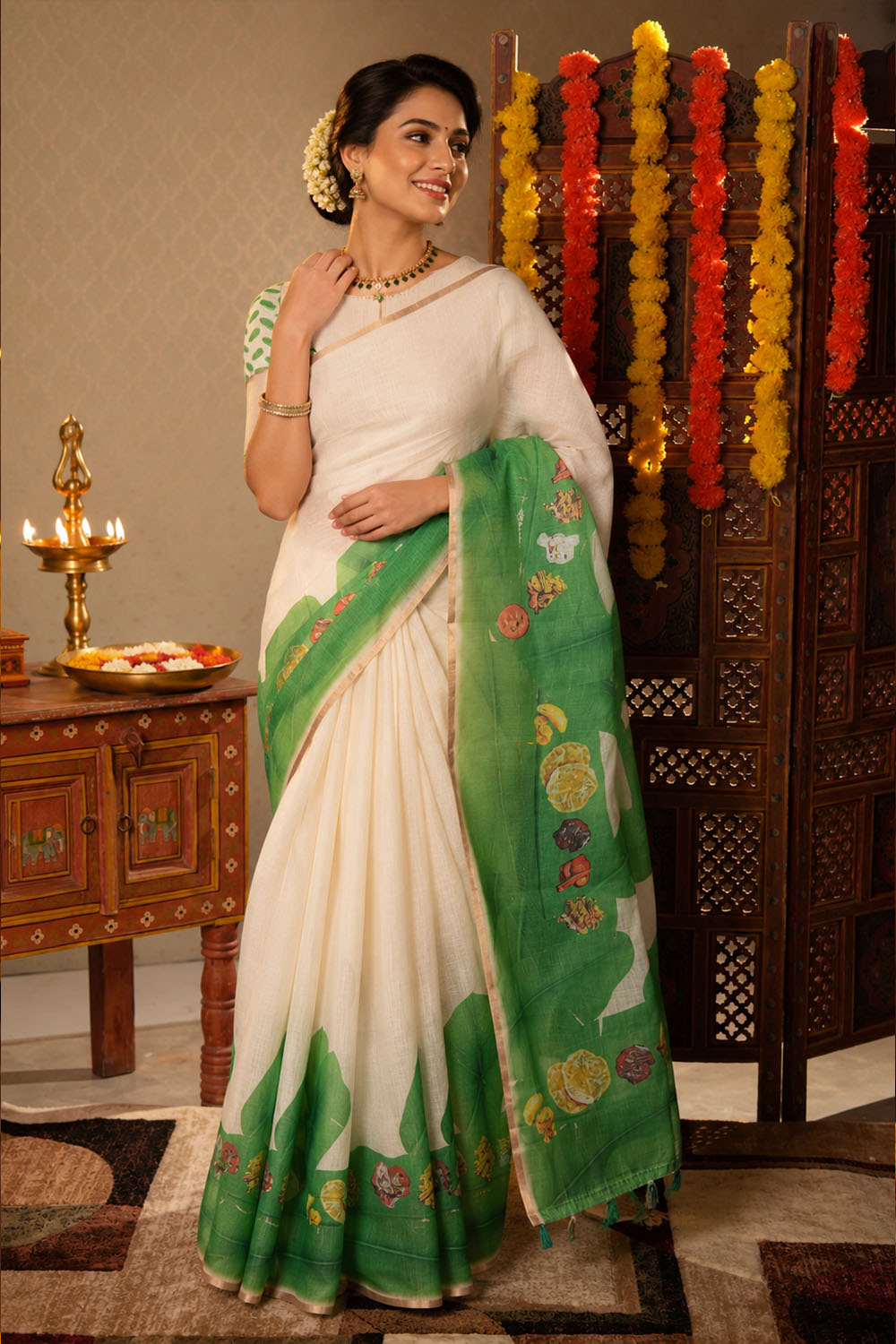 Off White Semi Linen Kerala Saree - Seematti