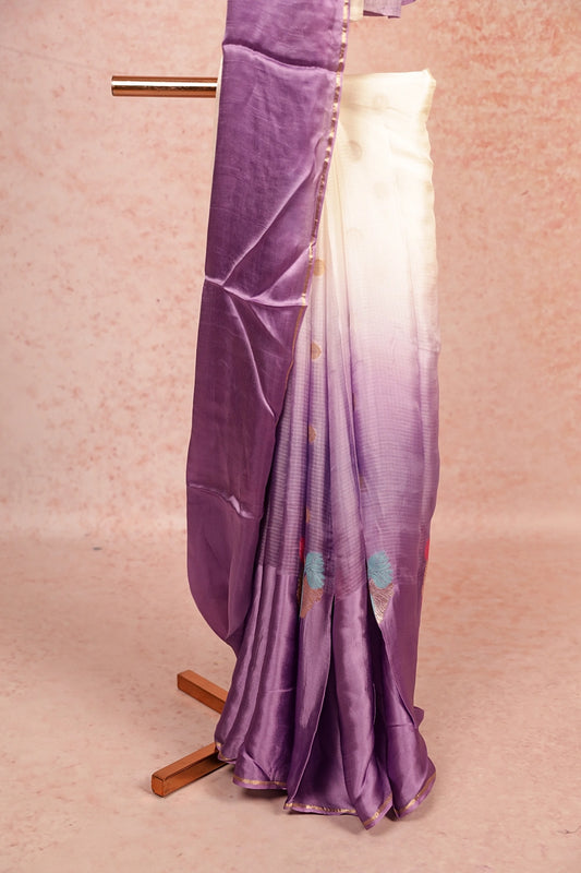 Off White With Lavender Colour Semi Banarasi Saree
