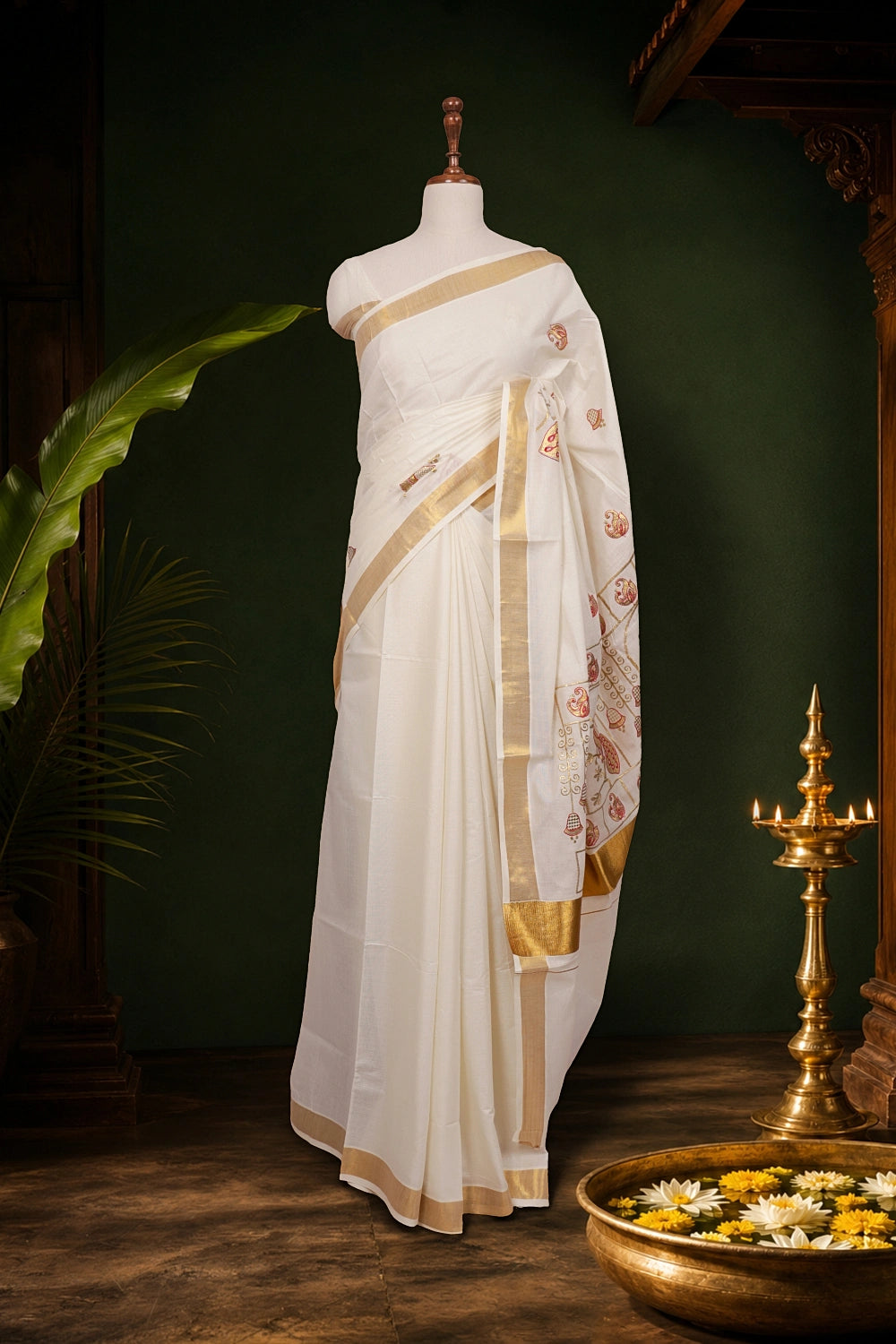 Off white Cotton Kerala Saree - Seematti