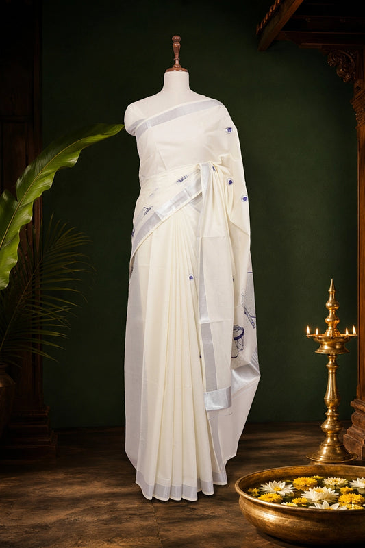 Off white Cotton Kerala Saree - Seematti