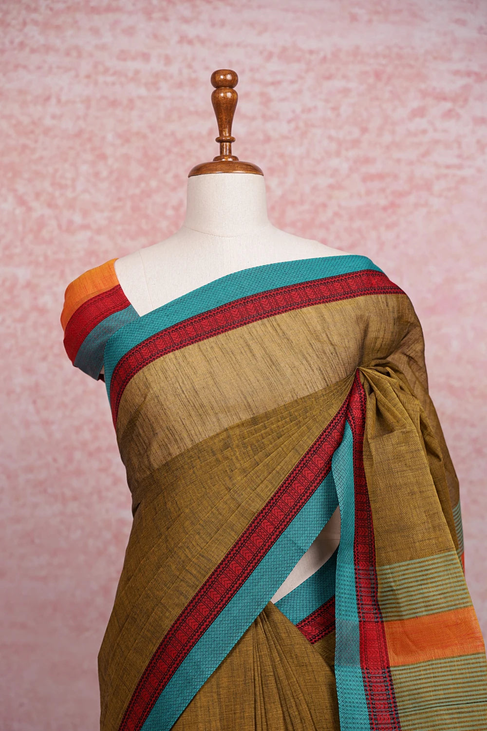 Olive Gold Color Cotton Saree - Seematti