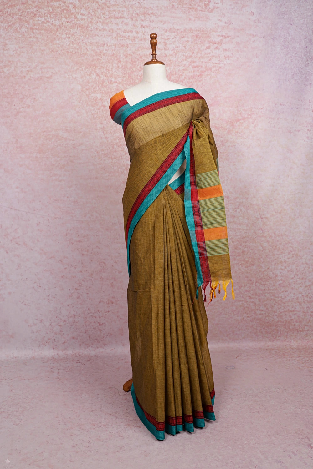 Olive Gold Color Cotton Saree - Seematti