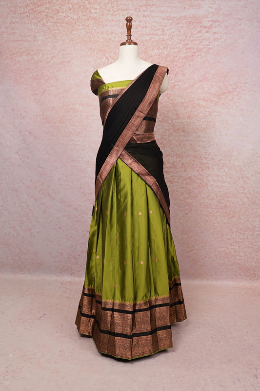 Olive Green And Black Semi Silk Dhavani Set - Seematti