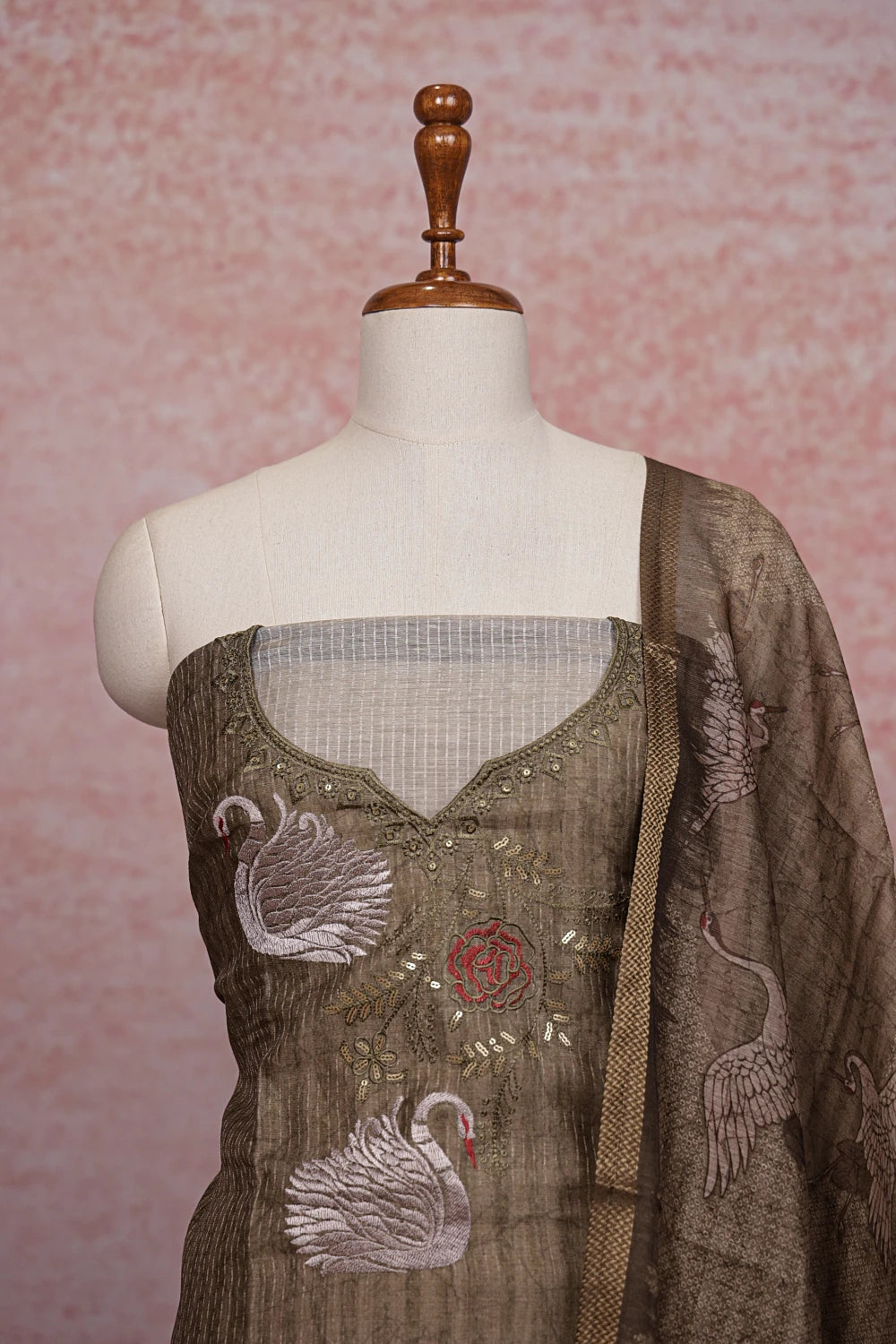 Olive Green Chanderi Silk Embroidery Unstitched Churidhar Material