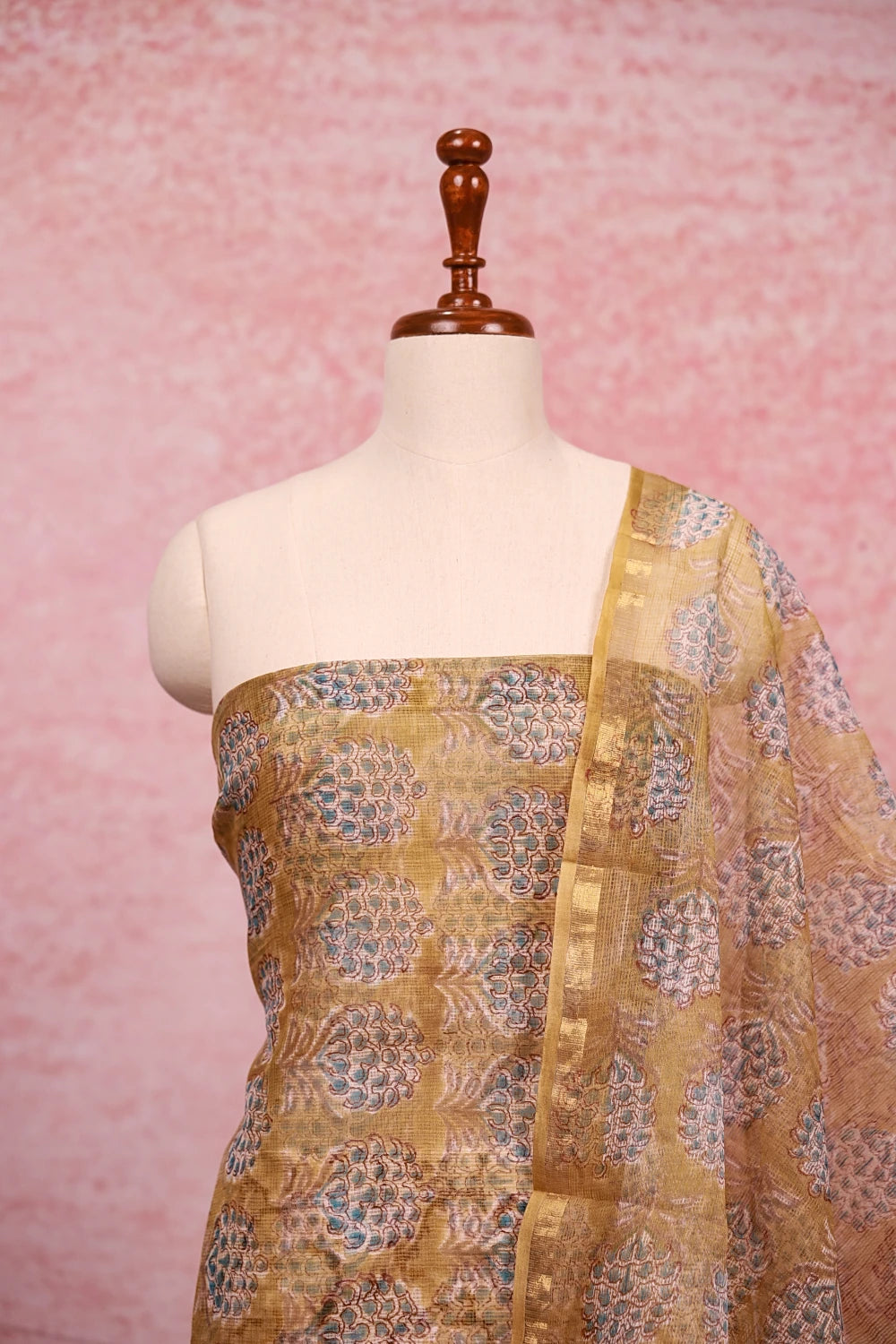 Olive Green Net Kota Printed Unstitched Churidhar Material