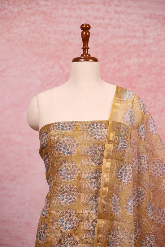Olive Green Net Kota Printed Unstitched Churidhar Material