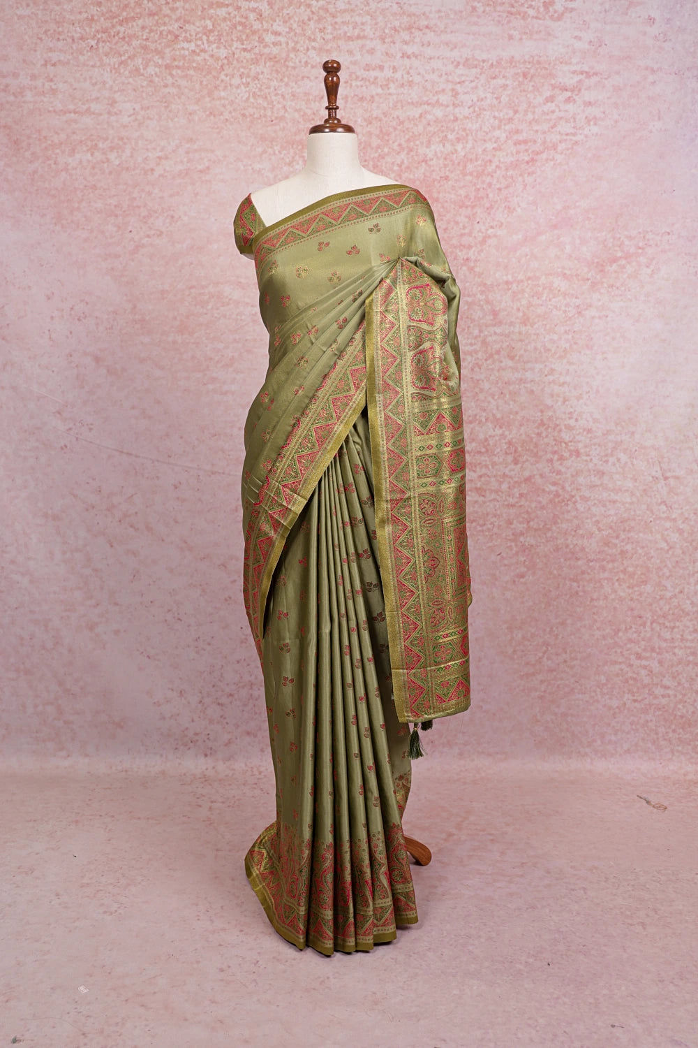 Olive Green Satin Banarasi Saree - Seematti