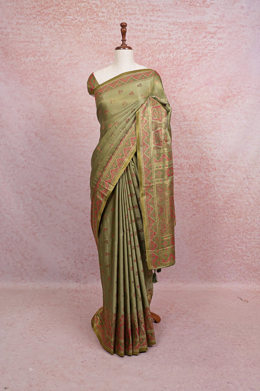 Olive Green Satin Banarasi Saree - Seematti