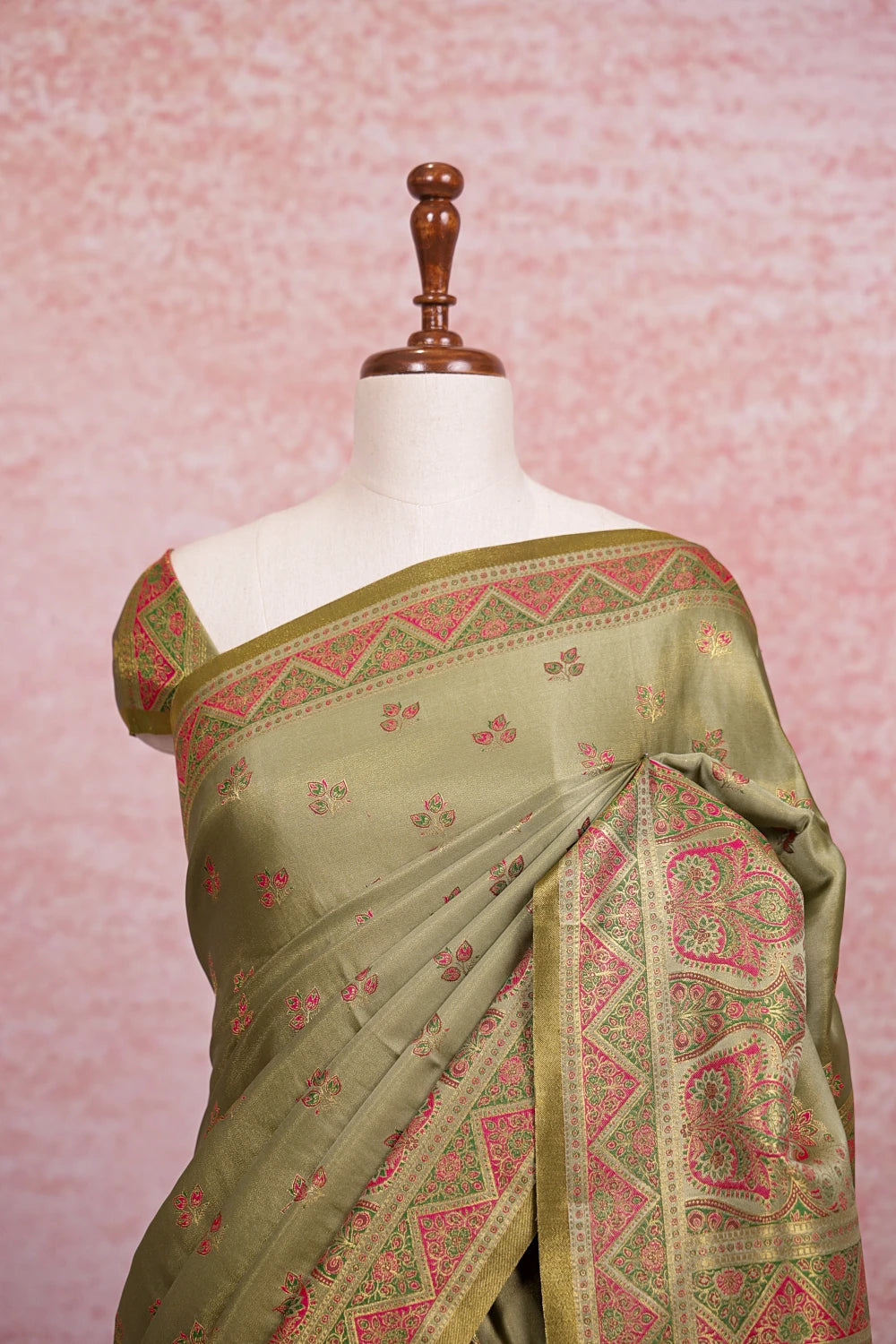 Olive Green Satin Banarasi Saree - Seematti
