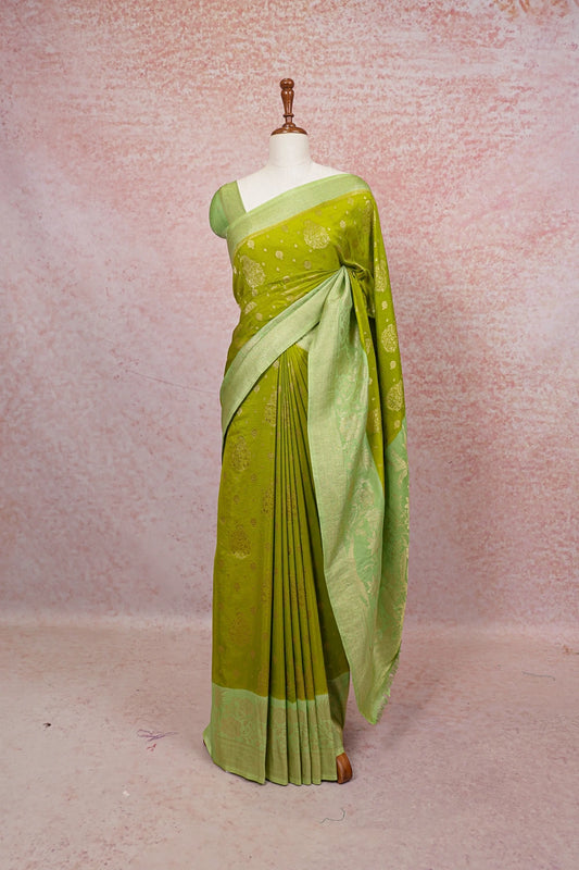 Olive Green Semi Banarasi Saree - Seematti