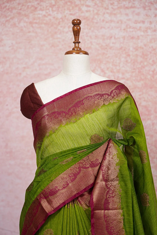 Olive Green Semi Jute Saree - Seematti